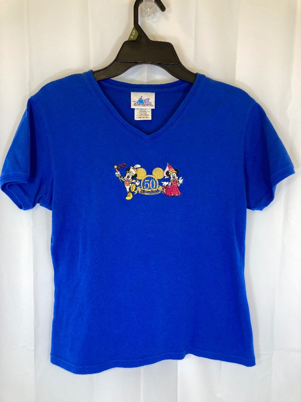 Vtg Disneyland Womens Large Blue Mickey Minnie Embroidered 50th Anniversary Top